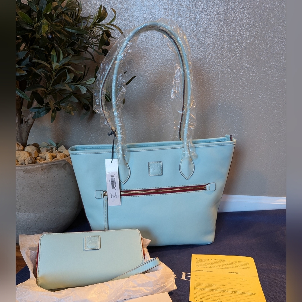 Dooney & Bourke Florentine Leather Tote and Wallet Set in PALE BLUE